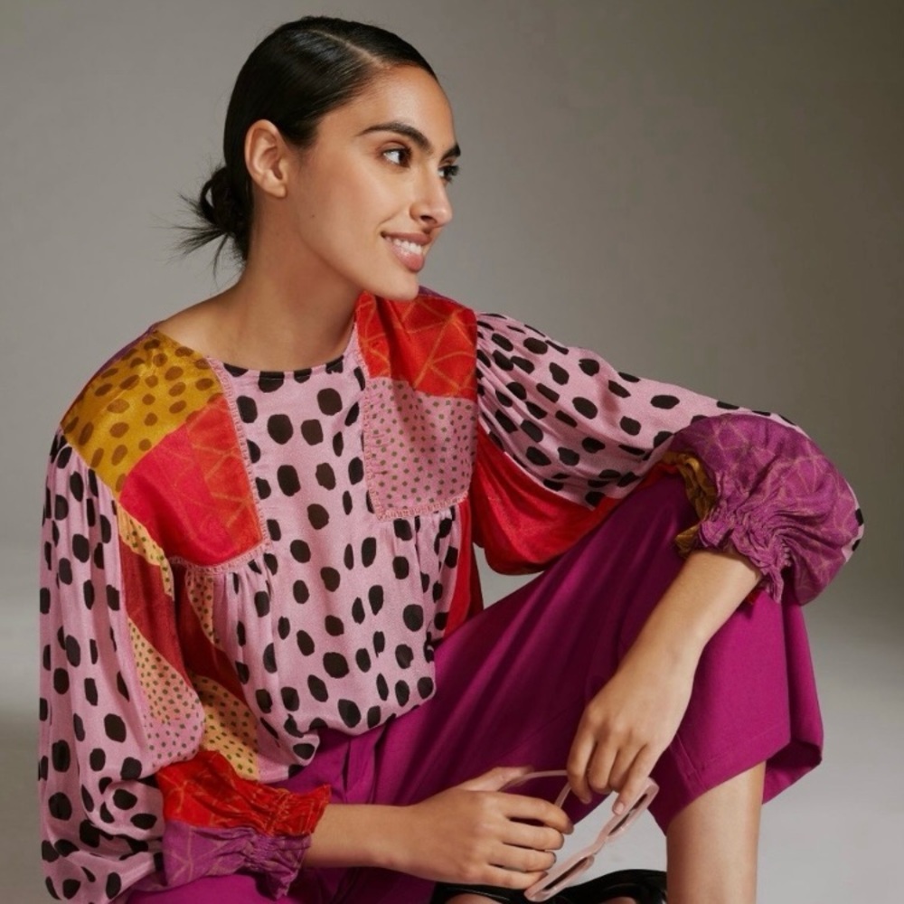 Blink London Women's Blouse Size 2X Geometric Pattern Sheer Bishop Sleeve Flowy